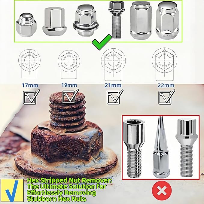 5PCS Lug Nut Removal Tool, 17/19/21/22MM Impact Bolt Extractor Set, CR-MO Steel Wheel Lock Removal Kit for Damaged/Rusted Nuts, Compatible with 1/2" Drive Impact Wrench
