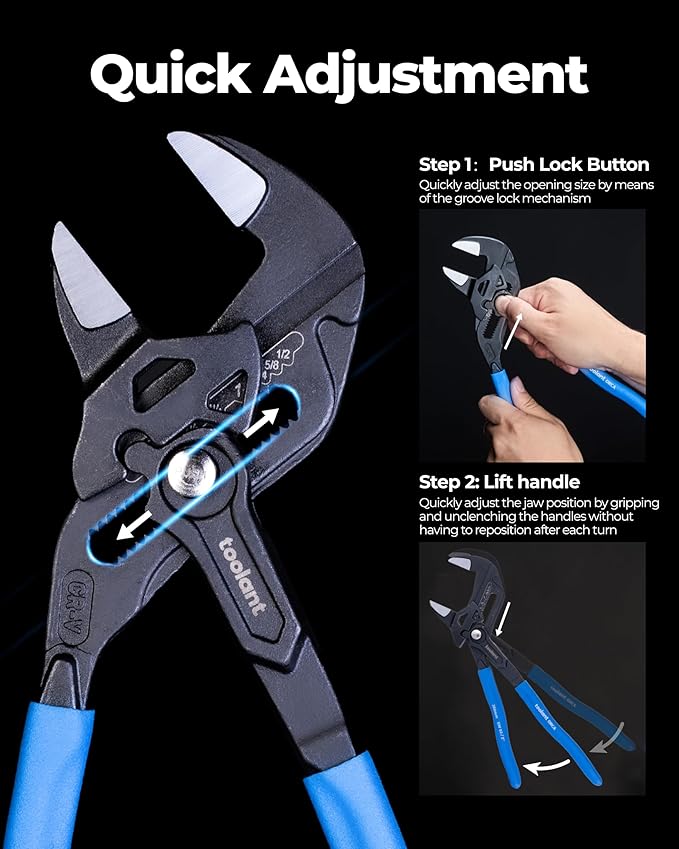 toolant 7-INCH Plier Wrench, CR-V Construction Adjustable Wrench With Pouch, Black Finish Smooth Jaw Pliers, Parallel Jaws with Comfortable Grips, Suitable for All Types of Nuts, Water Pipes, etc