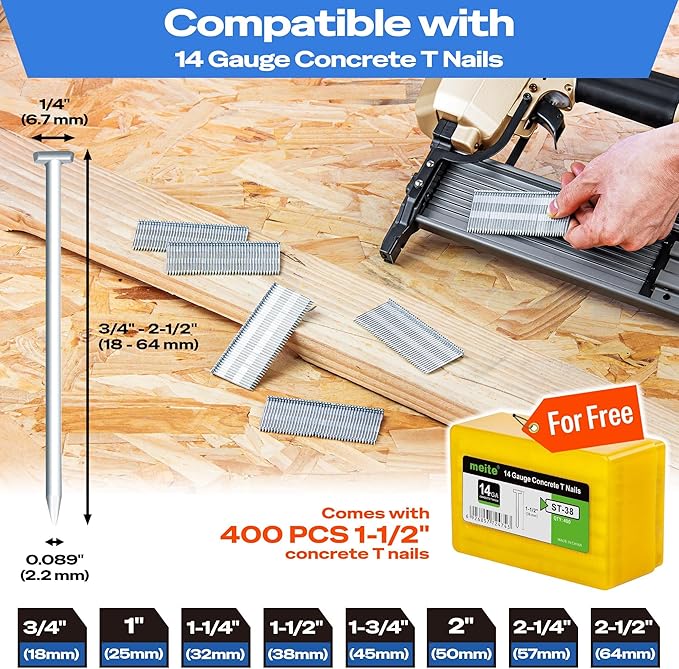 meite ST64L Concrete Nail Gun Extended Muzzle Pneumatic Concrete T-Nailer Gun for Wood-to-Concrete Projects, 100PCS Magazine, Accepts 3/4'' to 2-1/2''