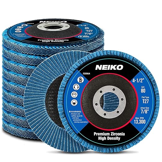 Neiko 11256A High Density Jumbo Premium Zirconia Flap Disc | 4.5" x 7/8-Inch, 80 Grit, Flat Type #27 - 10 Pack