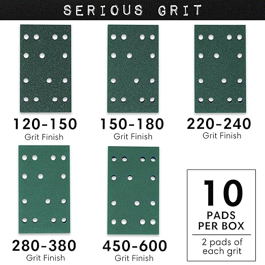 Serious Grit - 3" x 5" (80x133mm) Foam Sanding Pads - P120-600 Assorted Finish Grit - 1/2" Thick Low Density Foam - Hook & Loop - Fits Festool RTS 400 & Mirka DEOS 3x5 Sanders ??Made in USA ??10 Pack