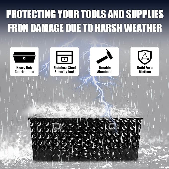 confote 48 Inch Heavy Duty Aluminum Stripes Plated Tool Box Pick Up Truck Bed RV Trailer Toolbox Square Storage Organizer with Side Handle, Lock and Keys, Waterproof -48"x 19.5"x 17.5"竊똁lack