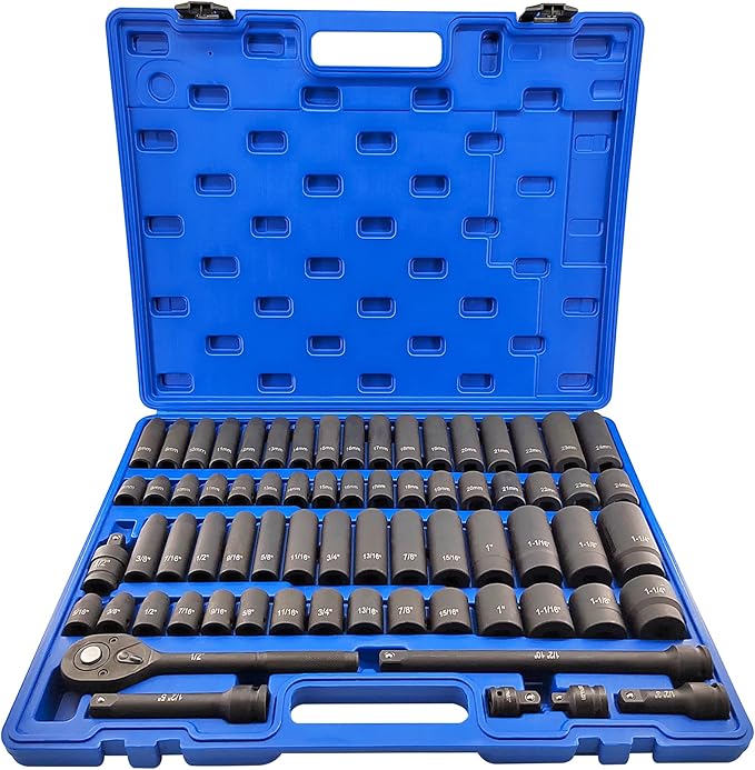 70pcs 1/2" Drive Impact Socket Set, Cr-V Steel, SAE & Metric, Standard/Deep Sockets with 72 Teeth Ratchet Handle, Extension Bar, and Adapters