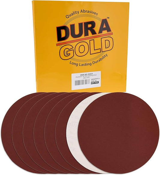 Dura-Gold Premium 10" Sanding Discs - 320 Grit (Box of 8) - Sandpaper Discs with PSA Self Adhesive Stickyback, Fast Cutting Aluminum Oxide Abrasive - Drywall, Floor, Woodworking, Automotive, Sander