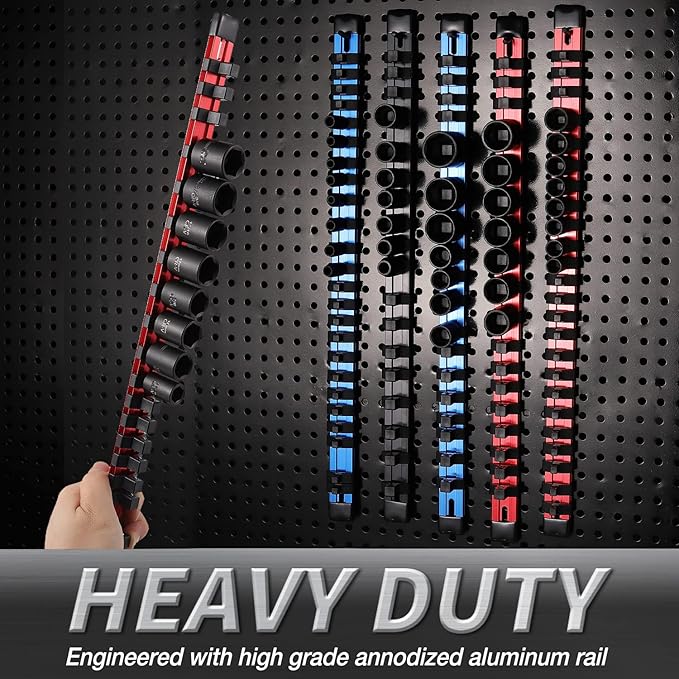 ALOANES 1/4-Inch Drive Aluminum Alloy Socket Rail Organizer, Heavy Duty Socket Racks, Socket Holder Kit for Toolbox Drawer Fit 1/4-Inch x 24 Clips (Red)