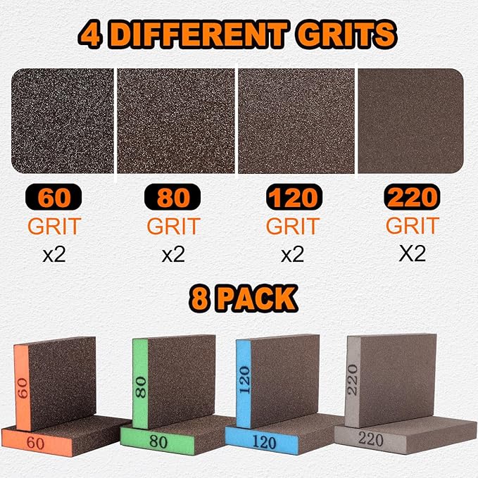 8 Pack Sanding Sponge, Washable & Reusable Sanding Blocks for Drywall, Wood, Metal & Furniture ??Premium Sandpaper Block Assortment with 60/80/120/220 Grit
