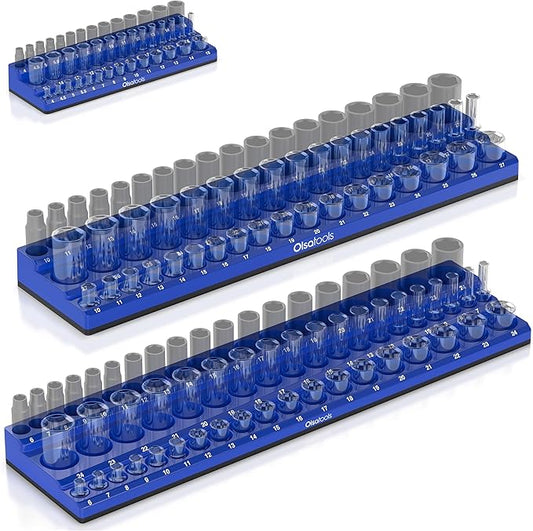 Olsa Tools 3-Row Magnetic Socket Organizer - Patented 3pc Socket Holder Kit - 1/2-Inch, 3/8-Inch, & 1/4-Inch Drive - Socket Organizers For Toolboxes - Blue - Holds 141 - Part 1562