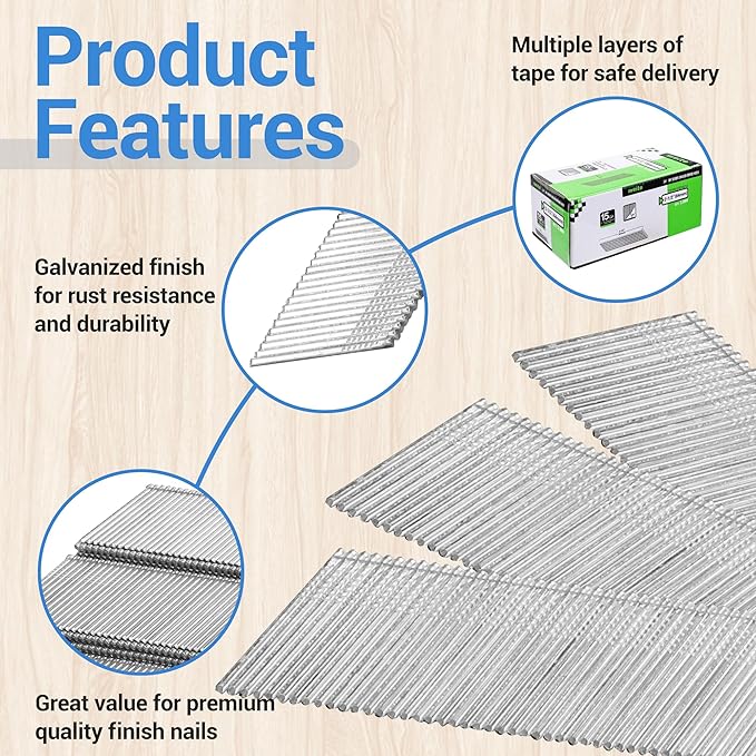 meite 15 Gauge Finish Nails 2-1/2-Inch 34 Degree Angled Galvanized Finishing Nails for Electric or Pneumatic Nailer Gun - No-Rust DA Nail for Cabinet Building Window Trim Fine Woodworking, 16,000PCS