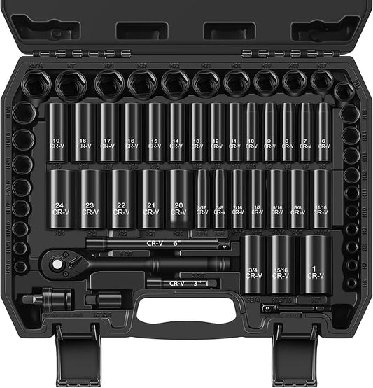 64-Piece 3/8" Drive Socket Set, SAE (5/16"-1") & Metric (6mm-24mm), Deep & Shallow, 72-Tooth Ratchet Wrench, Extension Bars, 1/2" F to 3/8" M Reducer, Universal Joint & Power Drill Adapter