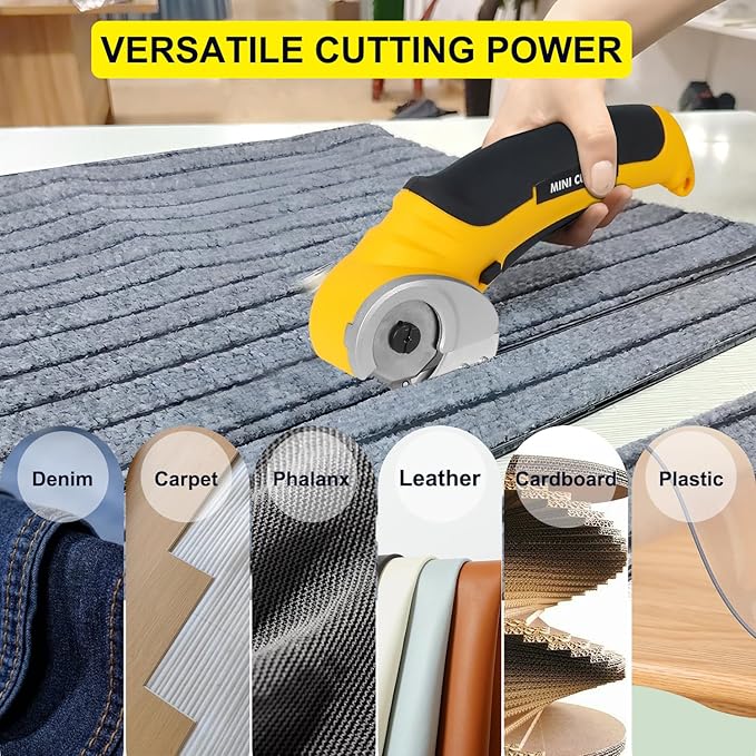 4V Cordless Electric Scissors Carpet Cutter Tool with Rechargeable & Safety Lock, Rotary Blade for Recycling Cutting Leather, Blanket, Gifts for Men Adult Crafter,Lightweight-Yellow