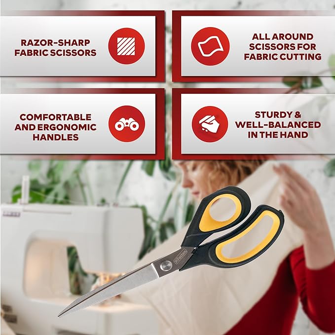 XFasten Sewing Scissors for Fabric Cutting Yellow 9.5 Inch Premium Professional Fabric Scissors Sewing | Large and Heavy duty