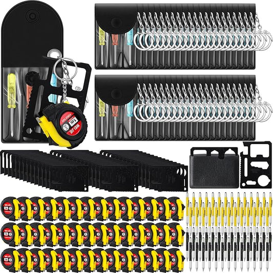 168 Pcs Mini Tape Screwdriver Keychain Set Valentine's Day Men Gifts Bulk Employee Appreciation Gift Bulk Multitool Pen Card for Adult Tool Party (Yellow,Black)