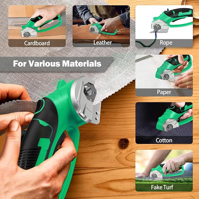 Cordless Electric Scissors, 4V Box Cutter & Cardboard Cutter with 2 Titanium Blades - Rotary Cutter with LED Light for Fabric, Leather, Carpet, Plastic, Crafting + Storage Case (Lime Green)