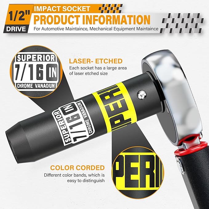 1/2" Drive Impact Socket, 7/16 inch Deep Socket, SAE, 6 Point, CR-V, for Car Repair, Loosen the Fastening Nut