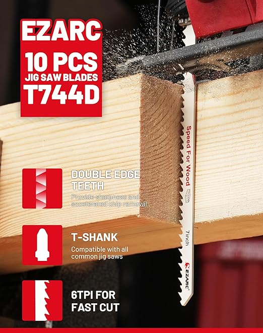 EZARC 10PCS Jigsaw Blades T744D 7 inch Extra Long Jig Saw Blades Set for Wood Fast Cutting Assorted T-Shank Replacement 6 TPI Curved & Scrolling Cutting