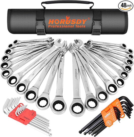 HORUSDY Ratcheting Wrench Set | 48-Piece | Cr-V Steel | 72 Teeth Ratchet Wrench 6-18mm & SAE 1/4-3/4" | with Roll Up Pouch and Allen Wrench
