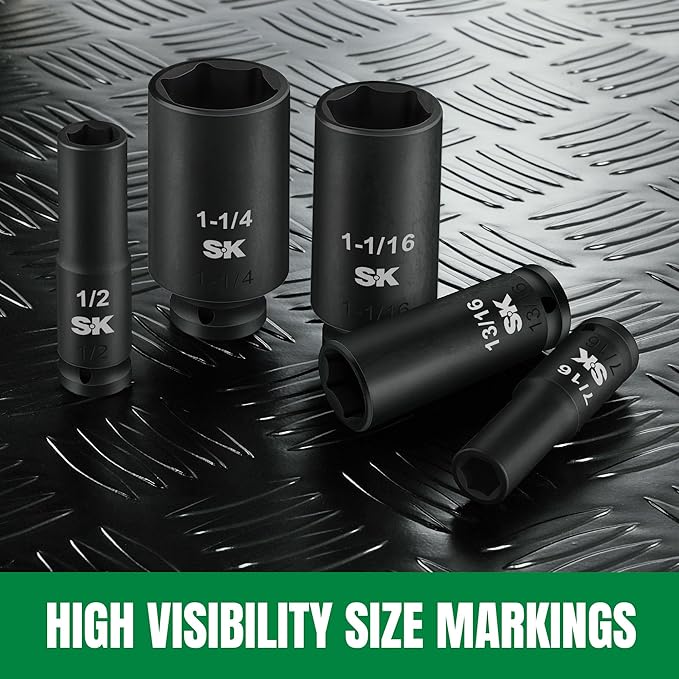 SK 1/2" Drive Impact Socket Set, Deep SAE Sockets, 13-Piece 7/16" to 1-1/4", Premium CR-MO Steel, SureGrip 6 Point Design, With Storage Case