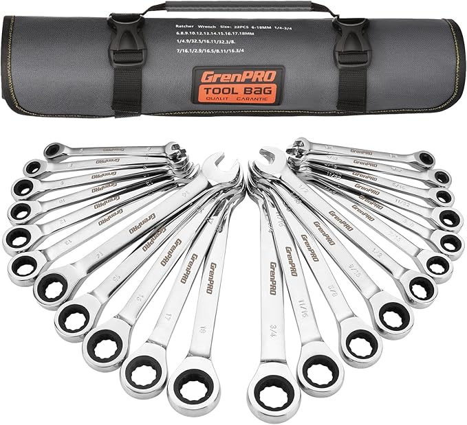 GRENPRO Ratcheting Wrench Set, Combination Wrench Set, 22-Piece SAE & Metric and Standard, 72Th Long Open End, 1/4" to 3/4" & 6-18mm, Organizer With Roll Up Pouch, CR-V Socket Mechanic Hand Tools Sets