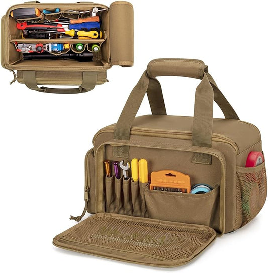 12-Inch Tool Bag with Anti-friction Bottom, Hand Tool Storage Organizer Bag for Men, Tactical Range Bag, Multi-purpose Work Tote for Repairman, Electrician, Carpenters, Handyman, Khaki