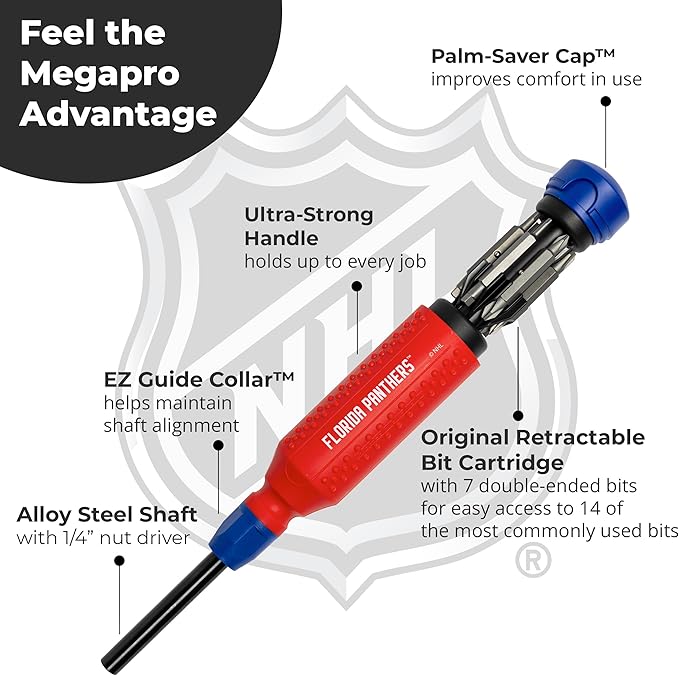 MEGAPRO짰 NHL짰 Team Edition Multi-bit Screwdriver | Officially Licensed NHL짰 Gear | Durable, Ergonomic, Pro-Grade Screwdriver (Florida Panthers??