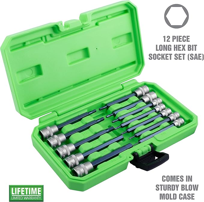 OEMTOOLS 23902 12 Piece SAE Magnetic Long Hex Bit Socket Set, Allen Wrench Socket Set, Hex Sockets, 1/4" and 3/8" Drive Long Reach Allen Sockets