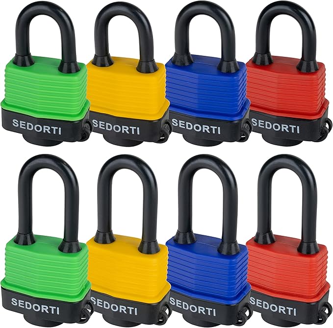 Colored Waterproof Padlocks, Heavy Duty Laminated Steel Lock with Red Plastic Covered, Keyed Alike Outdoor Locks, Can Be Used as Lockout Tagout Lock, Pack of 12