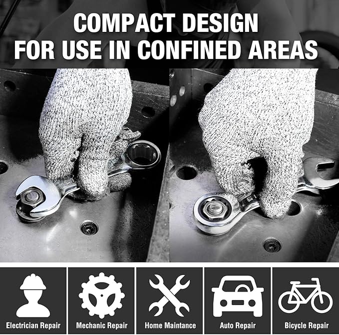 DURATECH Stubby Ratcheting Combination Wrench Set, Metric, 8-piece, 10, 11, 13, 14, 16, 17, 18, 19mm, CR-V Steel, with Pouch