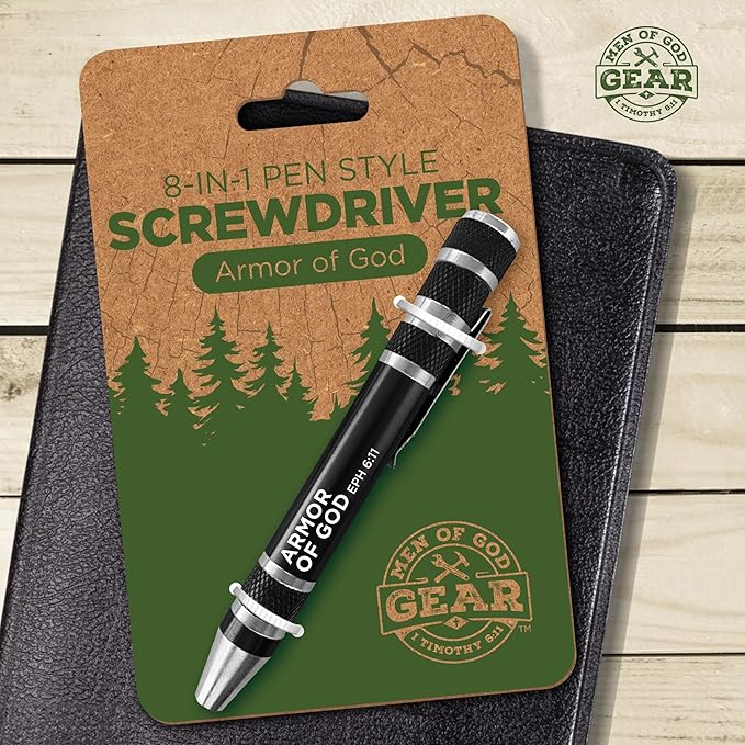 LOGOS TRADING POST 8-in-1 Bible Verse Pen Screwdriver Multitool - Armor of God, Eph 6:11 - Hidden 4.5" x 0.5" Pen Multitool with Screwdriver Bits, Storage Space & More - Christian Pocket Tools For Men