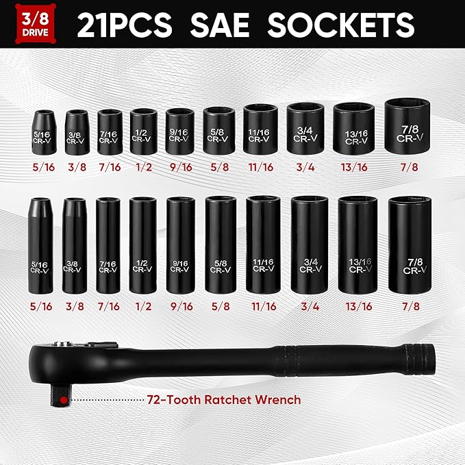 Aloanes 3/8" Drive Impact Socket Set, 21-Piece Deep & Shallow Sockets SAE (5/16"- 7/8"), 72-Tooth Ratchet Wrench, 6 Point Design, Cr-V Steel