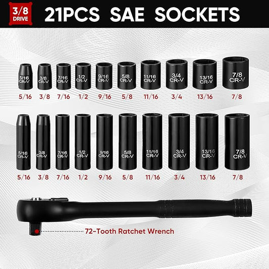 Aloanes 3/8" Drive Impact Socket Set, 21-Piece Deep & Shallow Sockets SAE (5/16"- 7/8"), 72-Tooth Ratchet Wrench, 6 Point Design, Cr-V Steel