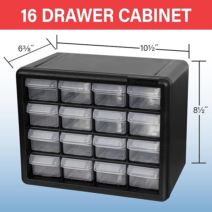 Akro-Mils 16-Drawer Plastic Drawer Storage Cabinet for Garage Organization, Beads, Makeup Organizer, Building Bricks Storage, Teacher Toolbox, 10-1/2" W x 6-1/2" D x 8-1/2" H, 10716 Black