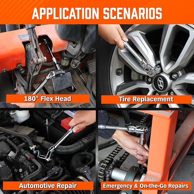 HORUSDY 10-Piece Flex-Head Ratchet Set, 1/4", 3/8" & 1/2" Drive Socket Wrenches, 90-Tooth Quick-Release Reversible Low-Profile, Extension Bars (4", 10", 6") & 4 Adapters for Bike & Home Repair