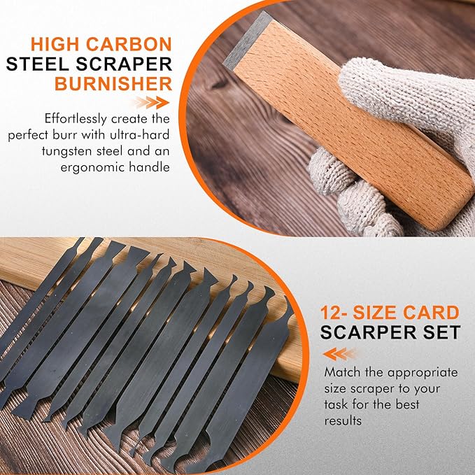 12-Piece Cabinet Scraper Set with Burnisher, 1 Curved and 1 Gooseneck Wood Scraper, Multi-Shaped Card Scrapers for Woodworking, Precision Wood Scraper Kit for Fine Finishing & Shape Shaping