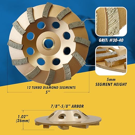 5" Diamond Grinding Wheels for Concrete or Masonry, 12 Turbo Segments, #30/40 Grit, Medium Bond, 7/8"-5/8" Arbor