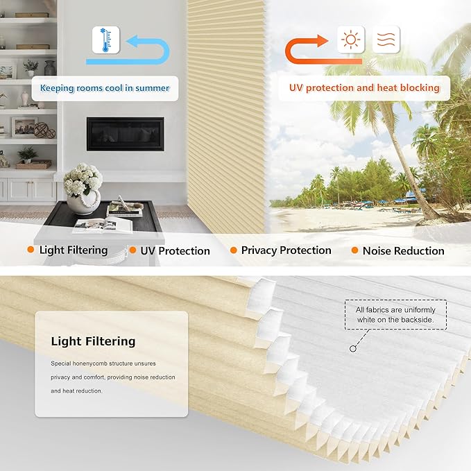 LazBlinds No Tools No Drill Cordless Cellular Shades, Top Down Bottom Up (TDBU) Honeycomb Shades for Home, Light Filtering Thermal Insulation Blinds for Windows, 26" W x 64" H, Beige