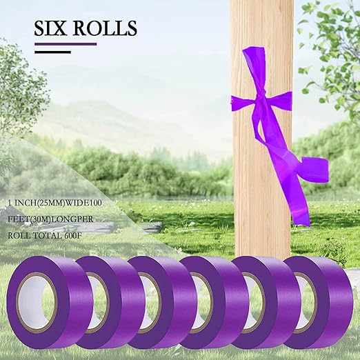 6 Pack Purple Flagging Tape, Non-Adhesive Plastic Ribbon Neon Marking Roll, 1inch*600ft, Marking Tape for Tree Marking, Hunting, Boundaries and Hazardous Areas,Trail Marking