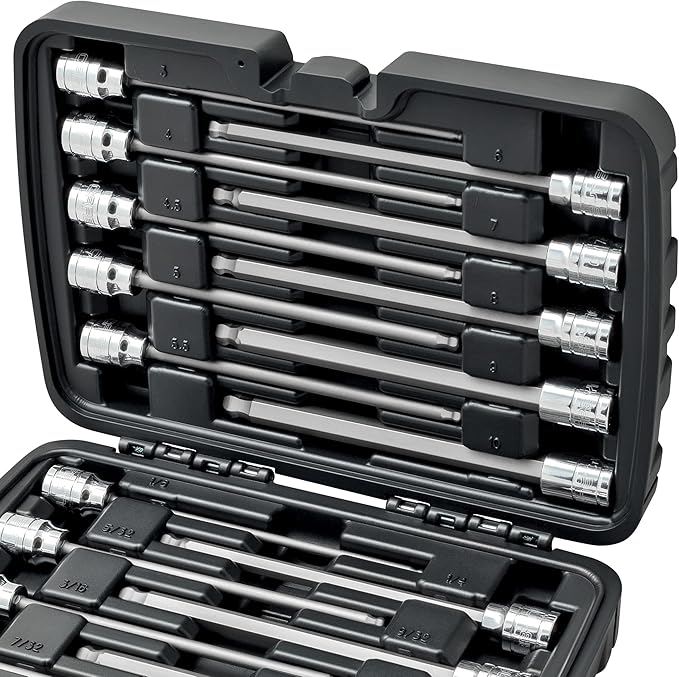 CARBYNE 18-Piece Extra Long Hex (Allen) Bit Socket Set, Ball End | SAE & Metric, S2 Steel Bits, CrV Sockets, Corrosion Resistance, Durable Storage Case | 1/8''-3/8'' SAE / 3mm-10mm Metric, 3/8" Dr.