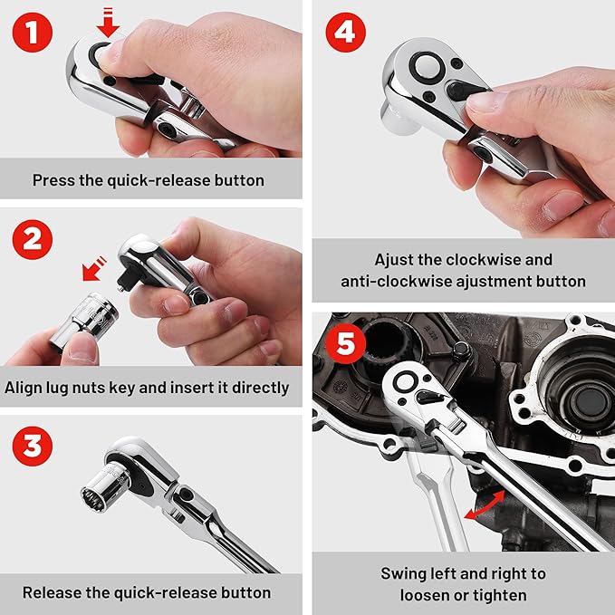 WORKPRO 1/4 inch Drive Extra Long Flex Head Ratchet, 12 Inch Long CR-V Steel Ratchet Handle with Chromium Plating, CR-MO Head, Quick Release Reversible Design, 72-Tooth