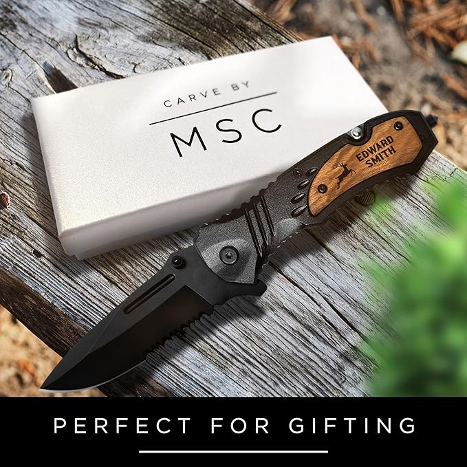 Personalized Pocket Knife, Gift for Men, Stocking Stuffers For Men Him/Dad, Custom Engraved Knife for Camping, Hunting Essentials With Belt Clip, 8 Inch Stainless Steel Blade and Wood Handle