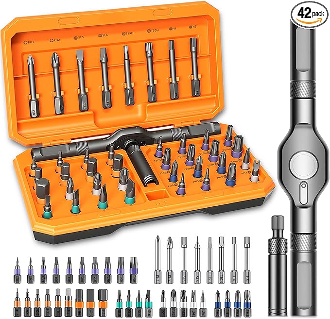 42-in-1 Magnetic Ratchet Screwdriver Set with 40 S2 Steel Bits, Small Repair Tool Kit with Detachable Handle, Precision Screwdriver Set for Furniture, Computer, Bike, Models, Small-Appliance