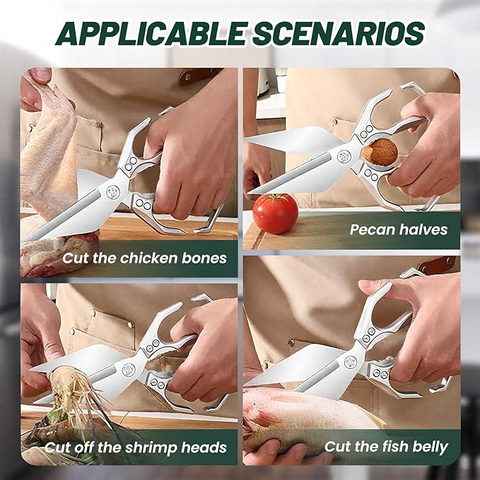 Multifunctional Heavy-Duty Kitchen Shears, Heavy Duty Kitchen Scissors, Poultry Shears with Ergonomic Handle, Food Scissors for Chicken Meat Seafood Bone Cutting, Cooking Accessories (Silver)