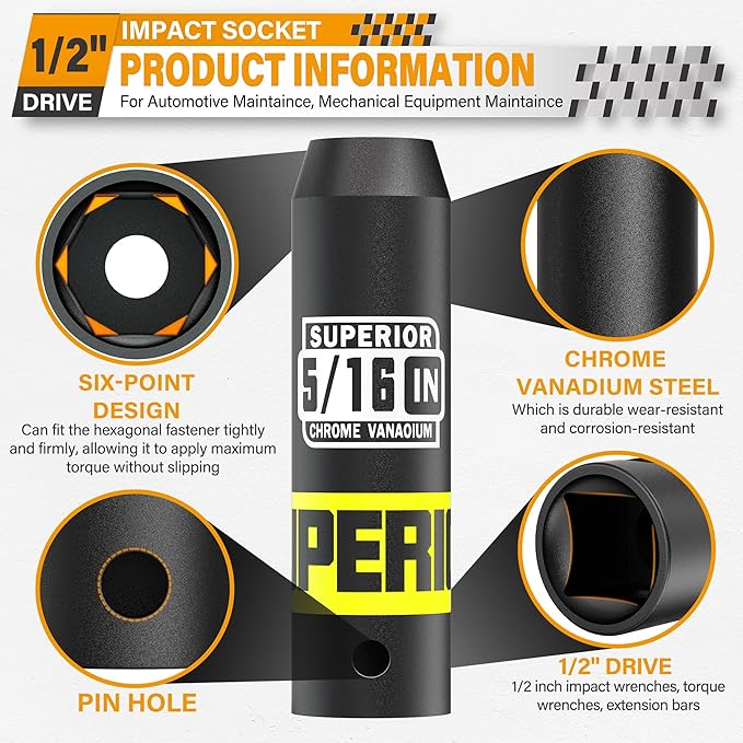 1/2" Drive Impact Socket, 5/16 inch Deep Socket, SAE, 6 Point, CR-V, for Car Repair, Loosen the Fastening Nut