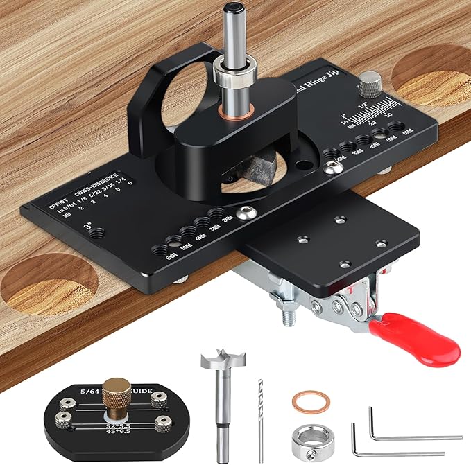 35mm Concealed Hinge Jig, Cabinet Hardware Jig with Quick Clamp and Dust Collection Adapter, Aluminum Alloy Hinge Hole Drilling Jig, Woodworking Tool for Door Cabinets Hinges Mounting
