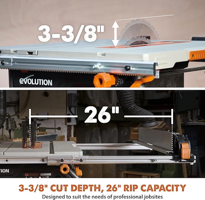 Evolution R10TBLX 10" Jobsite Table Saw with Wheeled Scissor Stand | 15A Motor | Multi-Material Cutting | 10" Blade | 26” Rip | 3-3/8” Depth | 0-45º Bevel | Precision Fence | Portable & Heavy-Duty