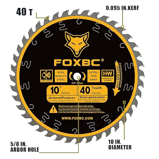 FOXBC 10 Inch Ultimate General Purpose Table Saw Blade, 40-Tooth Wood Cutting, 5/8-Inch Arbor