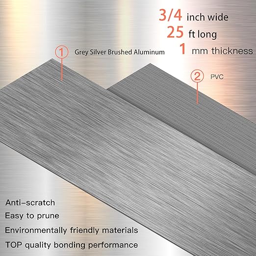 GSCIT Club Grey Silver Edge Banding, 3/4 Inch x 25ft Aluminum Brushed Edge Banding PVC Edge Trim for Cabinet Repair Furniture