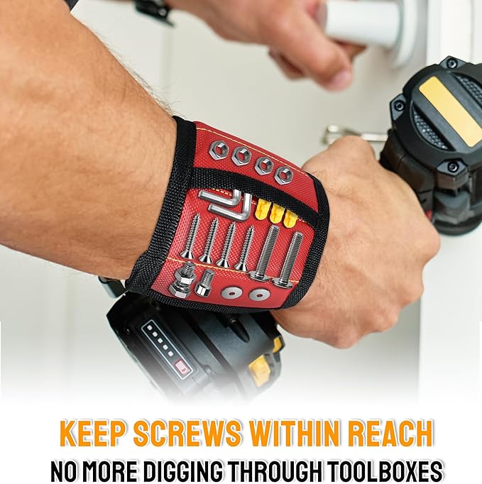 HiRui Magnetic Wristband for Tools ??Ultra-Strong 15 Neodymium Magnets Hold Screws, Nails & Bits, Dual Pockets ??Hands?멑ree for DIY, Home Repairs, Auto ??Gift?멢eady for Dad, Husband, Grandpa (Red)