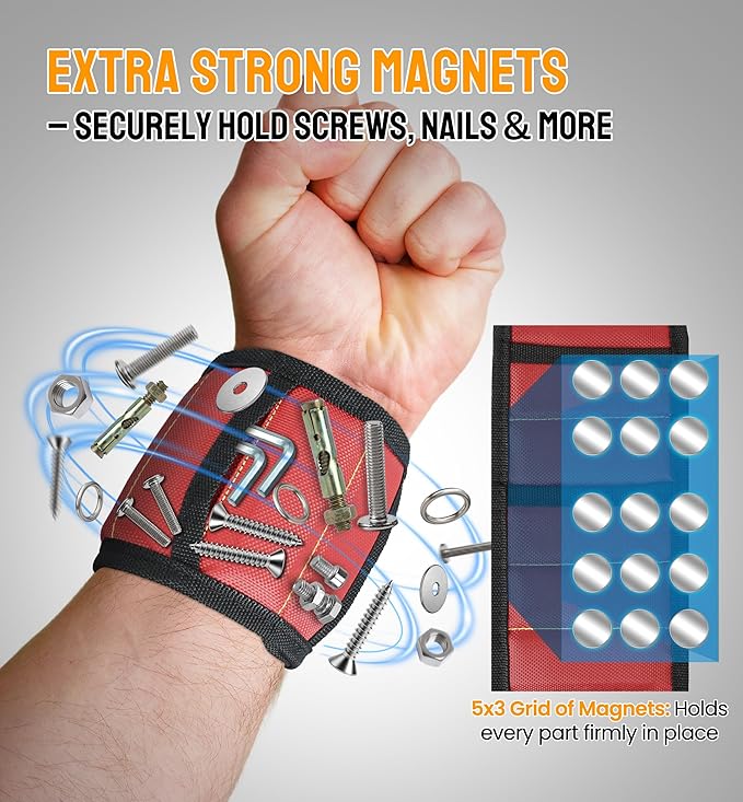 HiRui Magnetic Wristband for Tools ??Ultra-Strong 15 Neodymium Magnets Hold Screws, Nails & Bits, Dual Pockets ??Hands?멑ree for DIY, Home Repairs, Auto ??Gift?멢eady for Dad, Husband, Grandpa (Red)