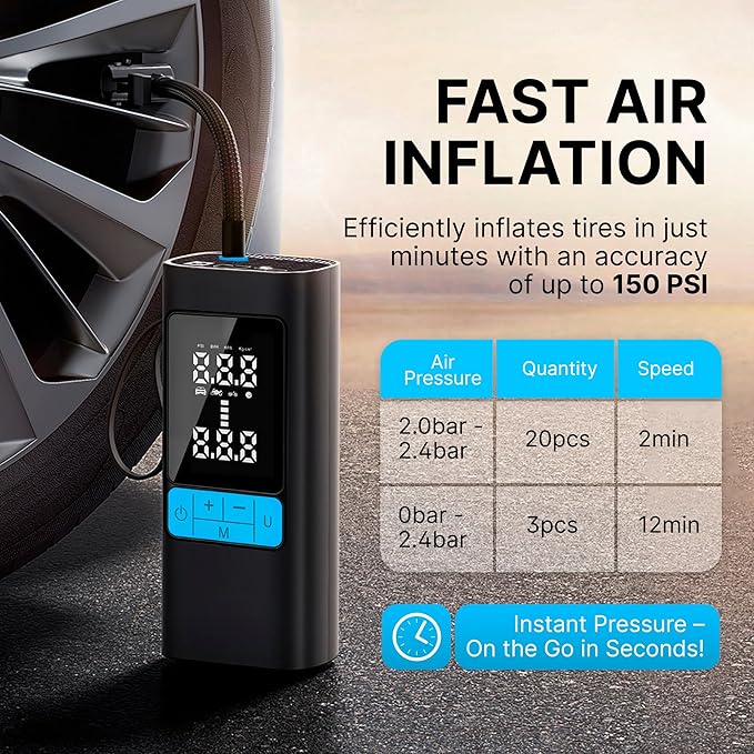 Portable Air Compressor 150PSI, Tire Inflator with Digital Display & Auto Stop, Cordless Air Pump for Car Tires, Motorcycle, Bike, Ball - Battery-Powered Air Compressor for Car Accessories