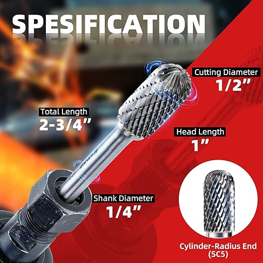 EZARC Tungsten Carbide Rotary Burr Bit, SC-5 Double Cut Carbide Burr 1/4" Shank Die Grinder Cutting Burrs Bit for Metal Working & Sturdy Storage Case